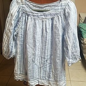 Land's End Linen Blue Striped Peasant Top